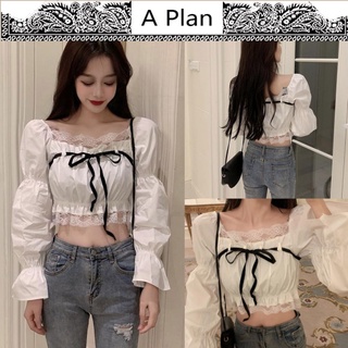 【Aplan】áo croptop nữ Lace off-Shoulder Sense of Design Niche Waist-Tight Cropped Top