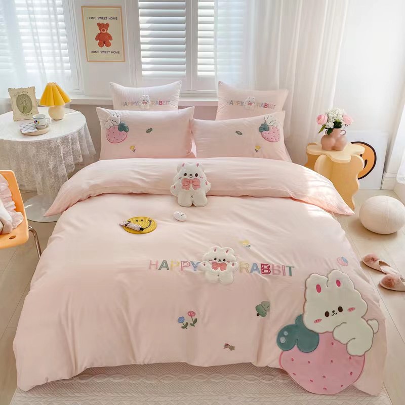 Bộ Chăn Ga Gối Cotton Linen Thỏ Ôm Dâu Tây Xinh Xắn Luna Bedding