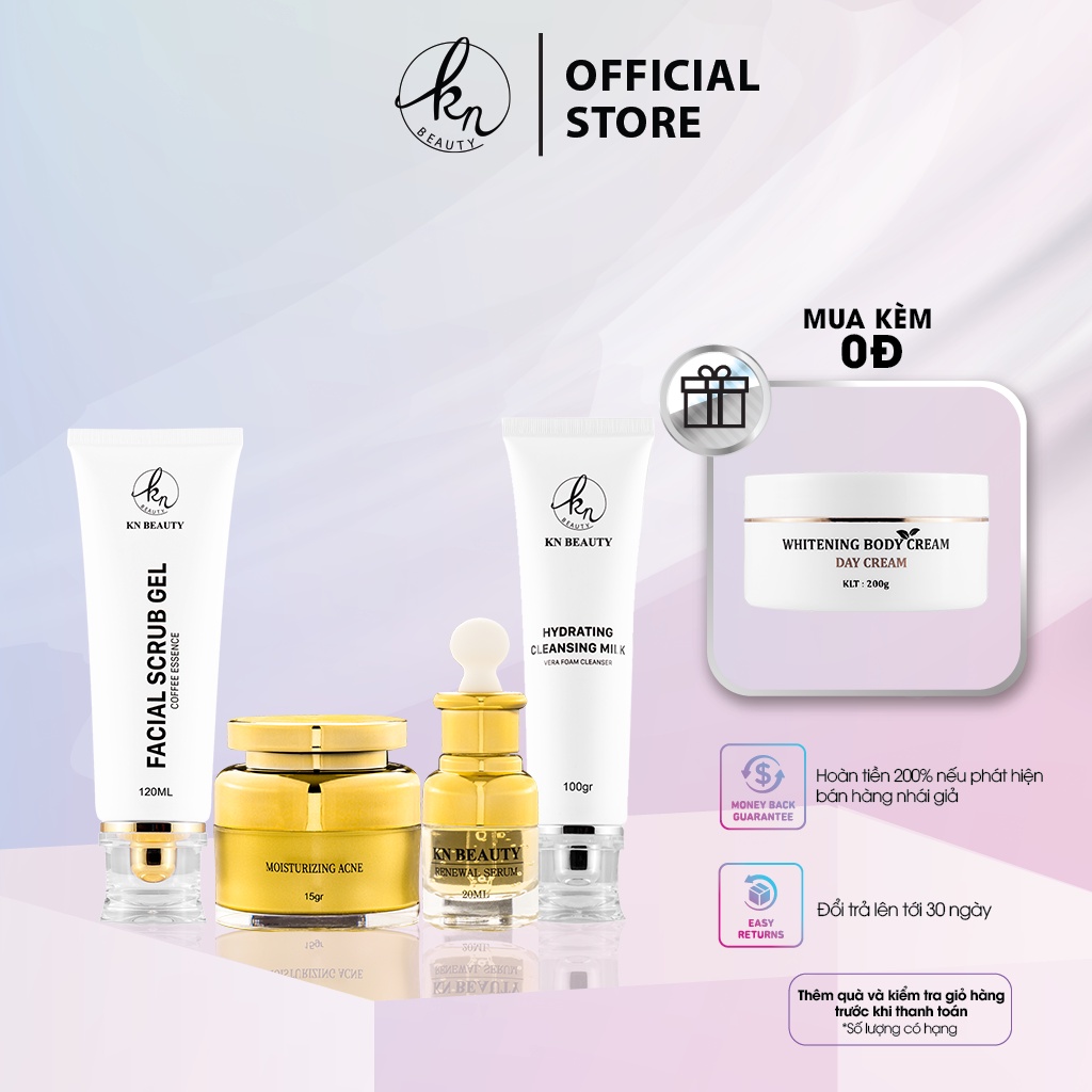 Bộ 4 sản phẩm Trắng Da Ngừa Mụn KN Beauty Kem dưỡng+Serum+Tẩy tế bào chết+ Sữa rửa mặt tặng kem ủ body KN Beauty