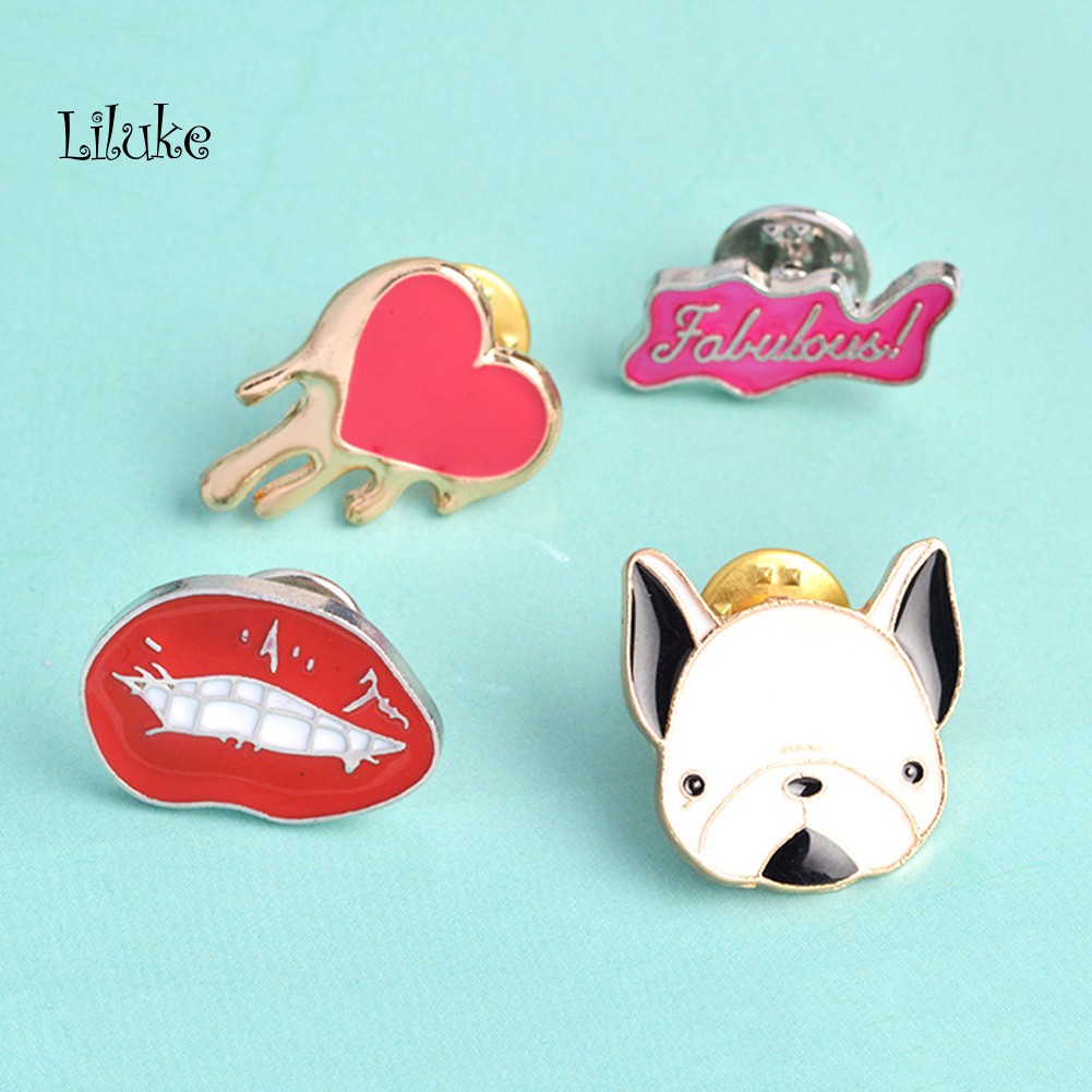 【LK】Unisex Cartoon Bulldog Lips Heart Brooch Pin Badge Clothes Coat Decor
