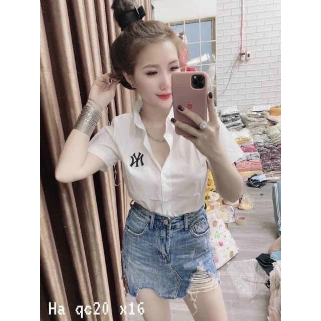 áo sơ mi nữ tay ngắn họa tiết chữ form dưới 50kg mặc chuẩn đẹp m53