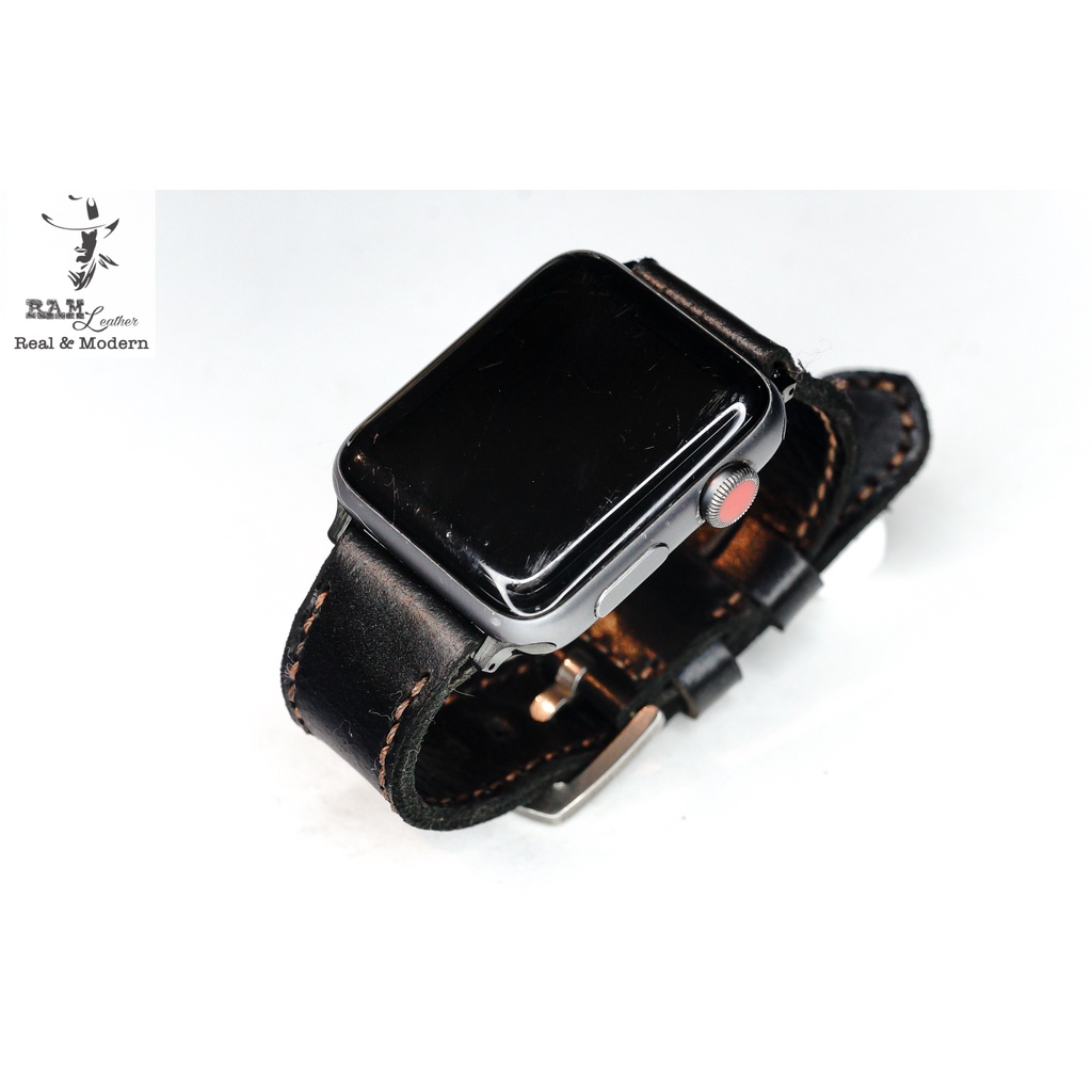 Dây đồng hồ da bò đen handmade bền chắc cực đẹp RAM Leather classic black đủ size - tặng khóa chốt và cây thay dây