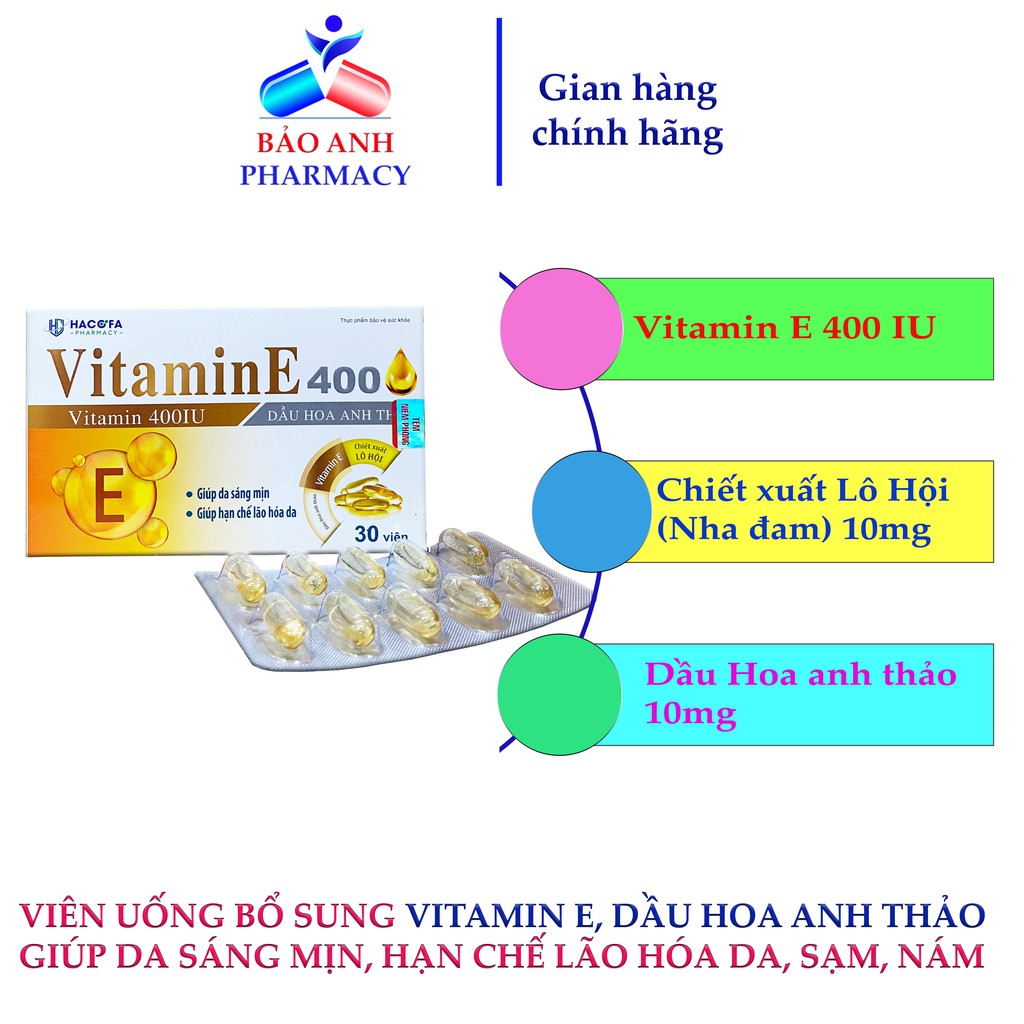 Viên dưỡng da, làm đẹp, chống lão hóa, giảm nám, sạm da, bổ sung Vitamin E, Nha đam, Dầu Hoa anh thảo –VITAMIN E 400 VNM