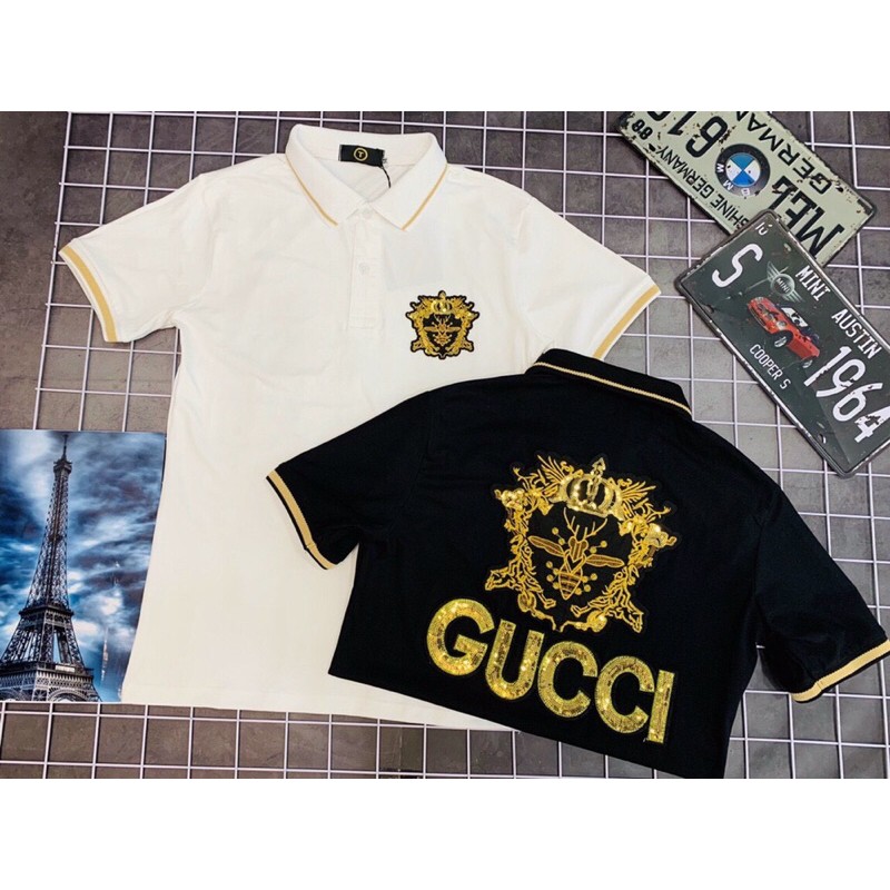 Áo thun cổ Polo đính kim sa Gucci King chất liệu cotton cao cấp