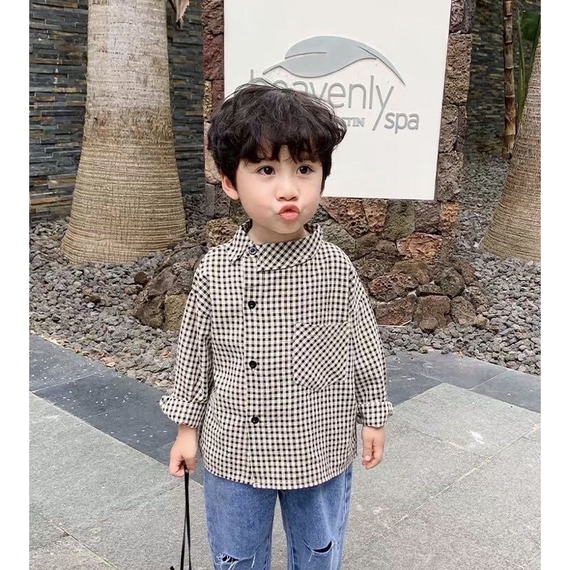Áo sơ mi tay dài cổ lệch cho bé trai và bé gái từ 9kg đến 26kg form rộng phối túi ngực thời trang A1 - AYYKAO