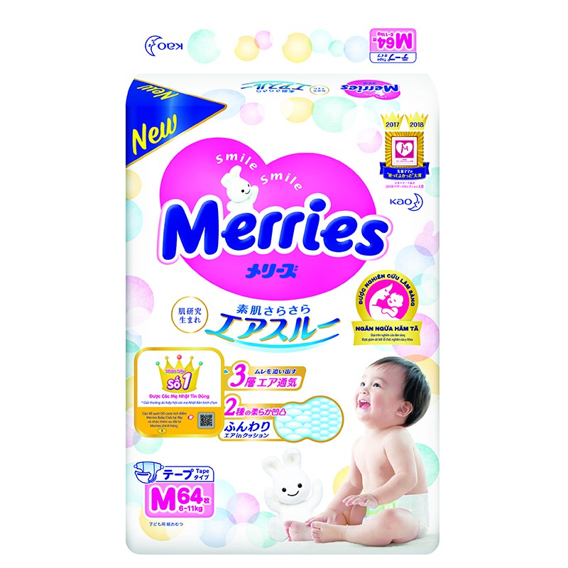 Tã dán Merries Nhật Bản size Newborn/S82/M64/L54/XL44 - 1 bịch