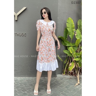 Đầm Hoa Đi Chơi NHẬT VY Cổ Tròn Dáng Ôm Đuôi Cá Tay Phồng Kiểu Chất Mango Màu Hồng, Kem - D2307