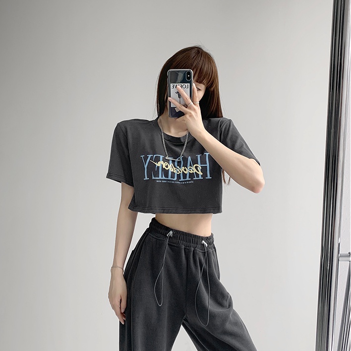 Áo Thun Ngắn Tay Cổ Tròn In Chữ Phong Cách Vintage Thời Trang