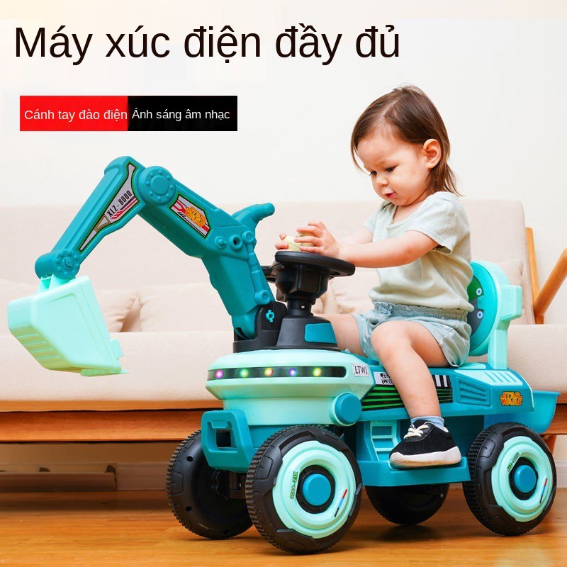 Máy xúc cho trẻ em có thể ngồi và lái xe đồ chơi điện cỡ lớn, xúc, móc, tay ga, kỹ thuật bé trai gái