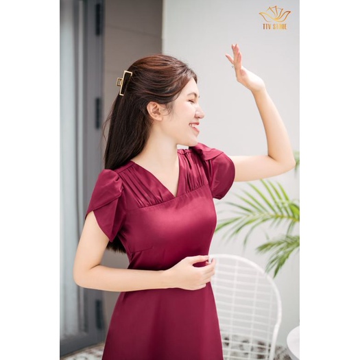 Đầm trung niên dự tiệc, công sở - Cổ tim nhúng tay đắp chéo - Đỏ mận - TTV708 TTV Store