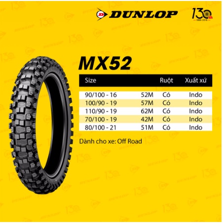 Vỏ xe máy Dunlop MX52 90/100-16 MC 52M TT Indo