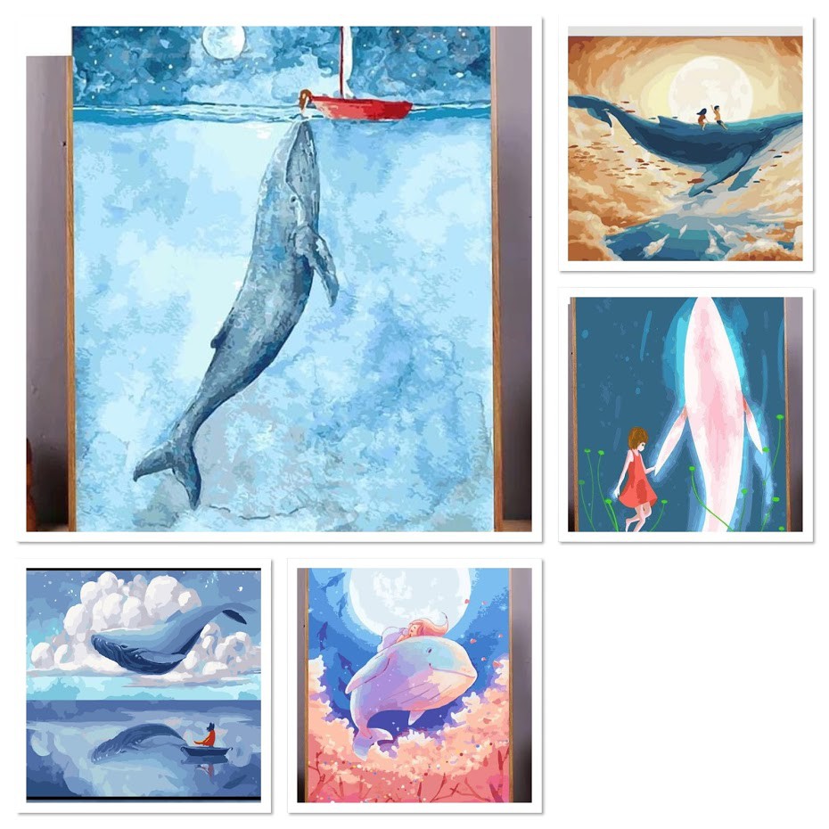 Tổng hợp các mẫu tranh sơn dầu số hóa tự vẽ về Cá Heo, cá Voi size 40x50 đầy đủ phụ kiện