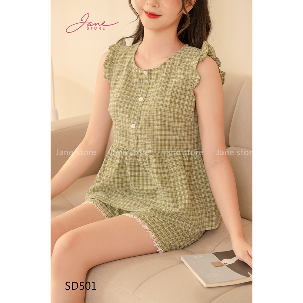 Bộ đồ ngủ sát nách tay bèo chất thô đũi mềm mịn Đồ ngủ nữ họa tiết caro dễ thương Jane mã SD50