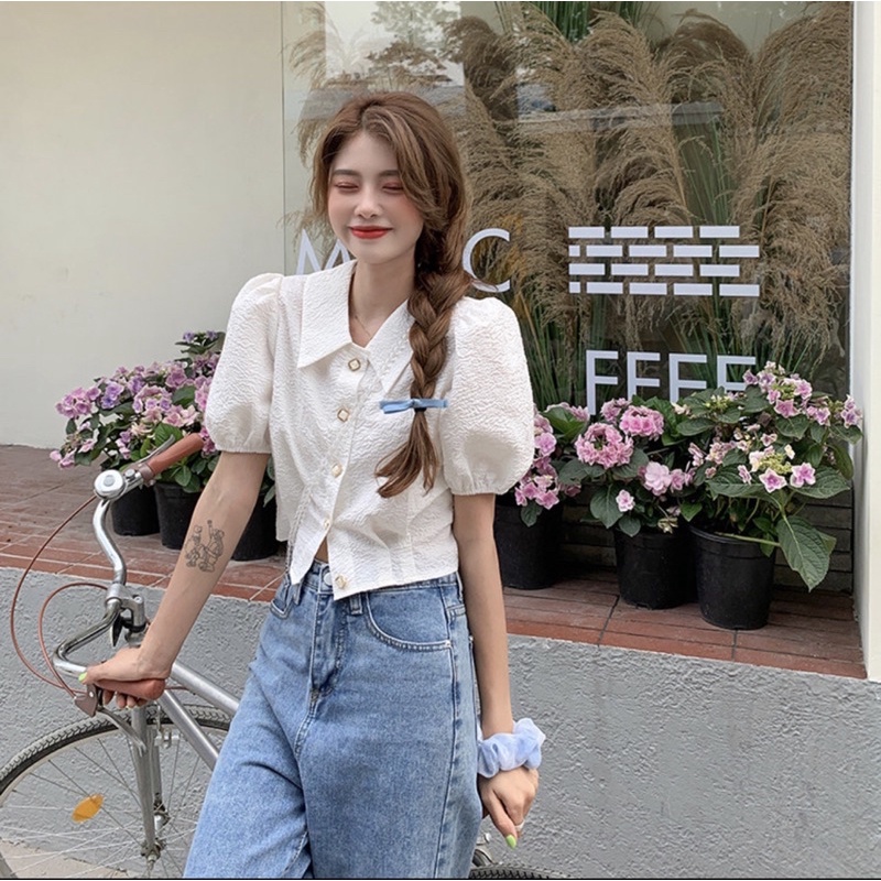 Áo Sơ Mi Cách Điệu Tay Bồng Cổ Đức Xinh Xắn Phong Cách Hàn Quốc