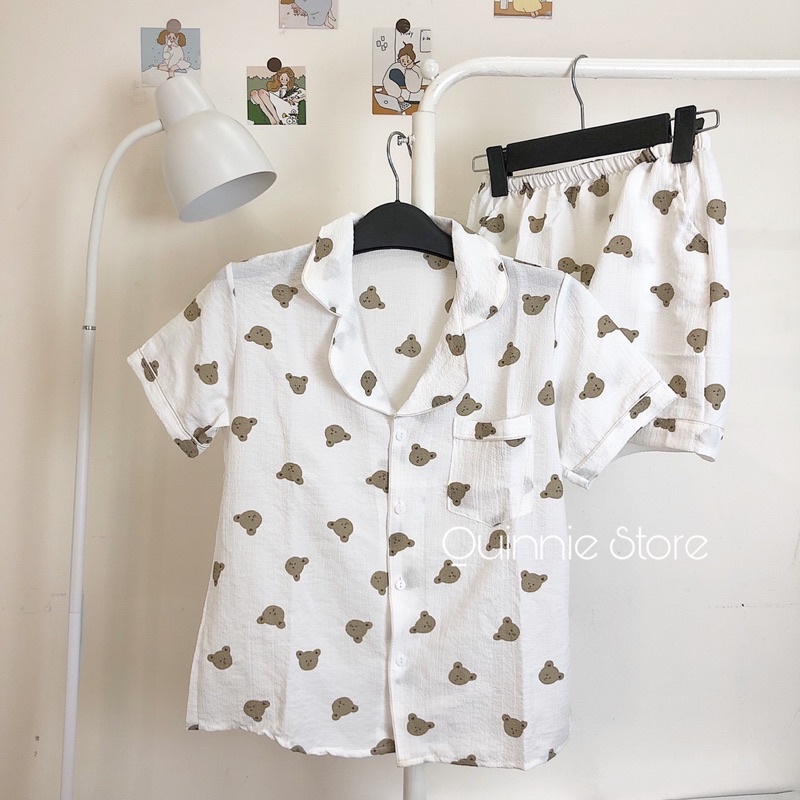Q4 Set đồ ngủ pijama cộc tay chất đũi xốp hoạ tiết đáng yêu Quinnie Store