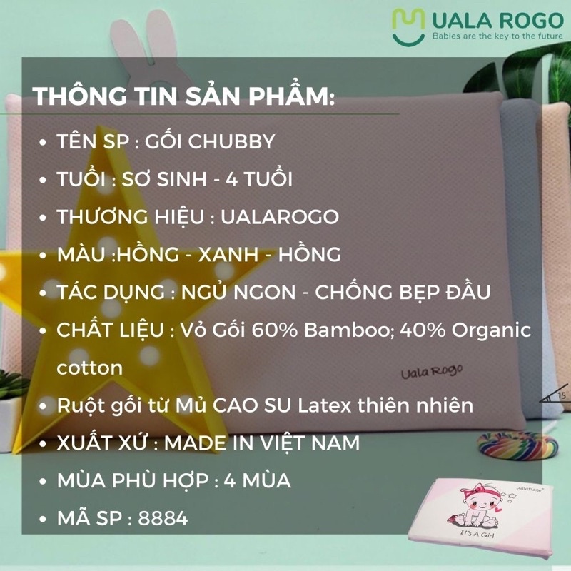 Gối cao su non CHUBBY Uala &amp; Rogo Viet Nam vỏ gối 60% sợi tre [ UalaRogo ]