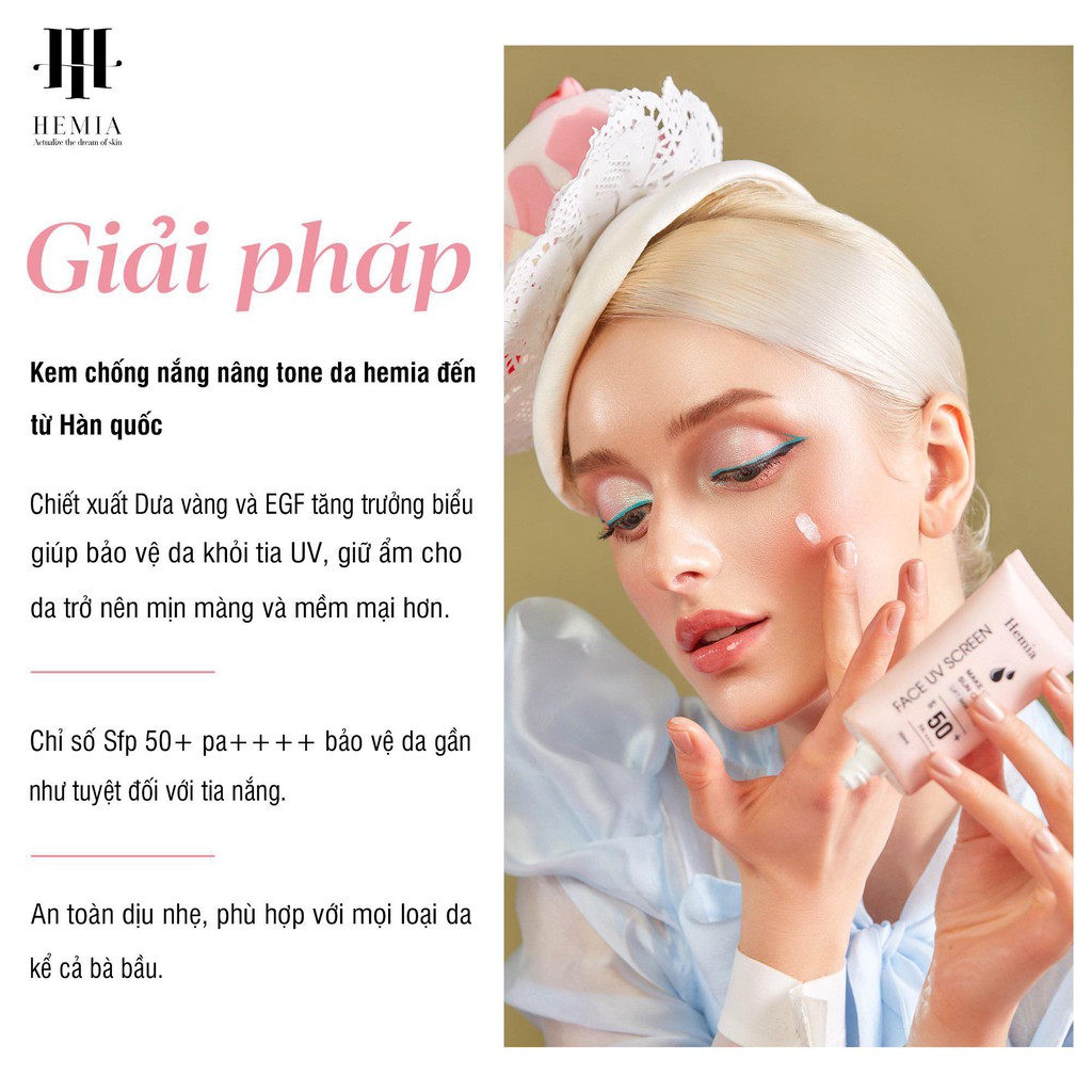 Kem Chống Nắng Hemia SPF 50+ Trắng Da Nâng Tone Makeup Da Không Nhờn Dính Bóng Dầu Hàn Quốc