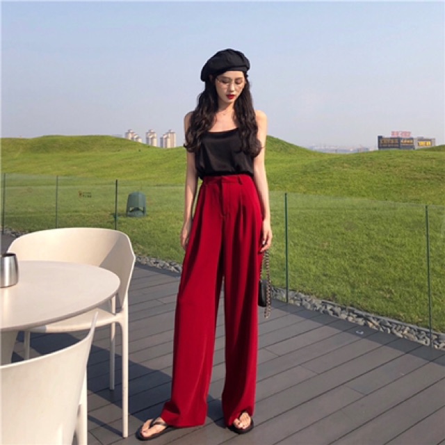 Quần suông ống rộng nữ Delys - Quần xuông đỏ cạp cao vải tuyết mưa mềm không nhăn, không bám bụi | BigBuy360 - bigbuy360.vn