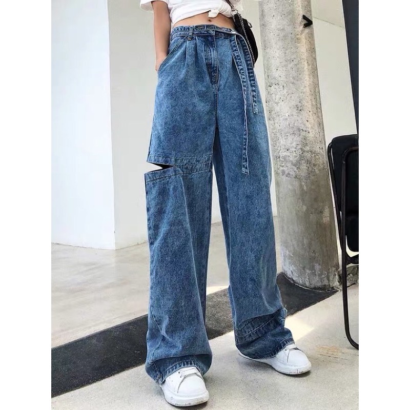 Quần baggy jean ống suông kèm dây nịt rách sườn | BigBuy360 - bigbuy360.vn