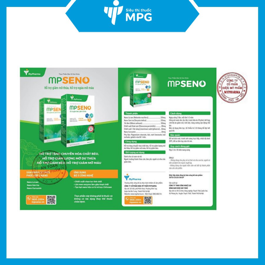 MPSENO - Viên giảm béo, giảm mỡ máu nano lá sen hộp 60v