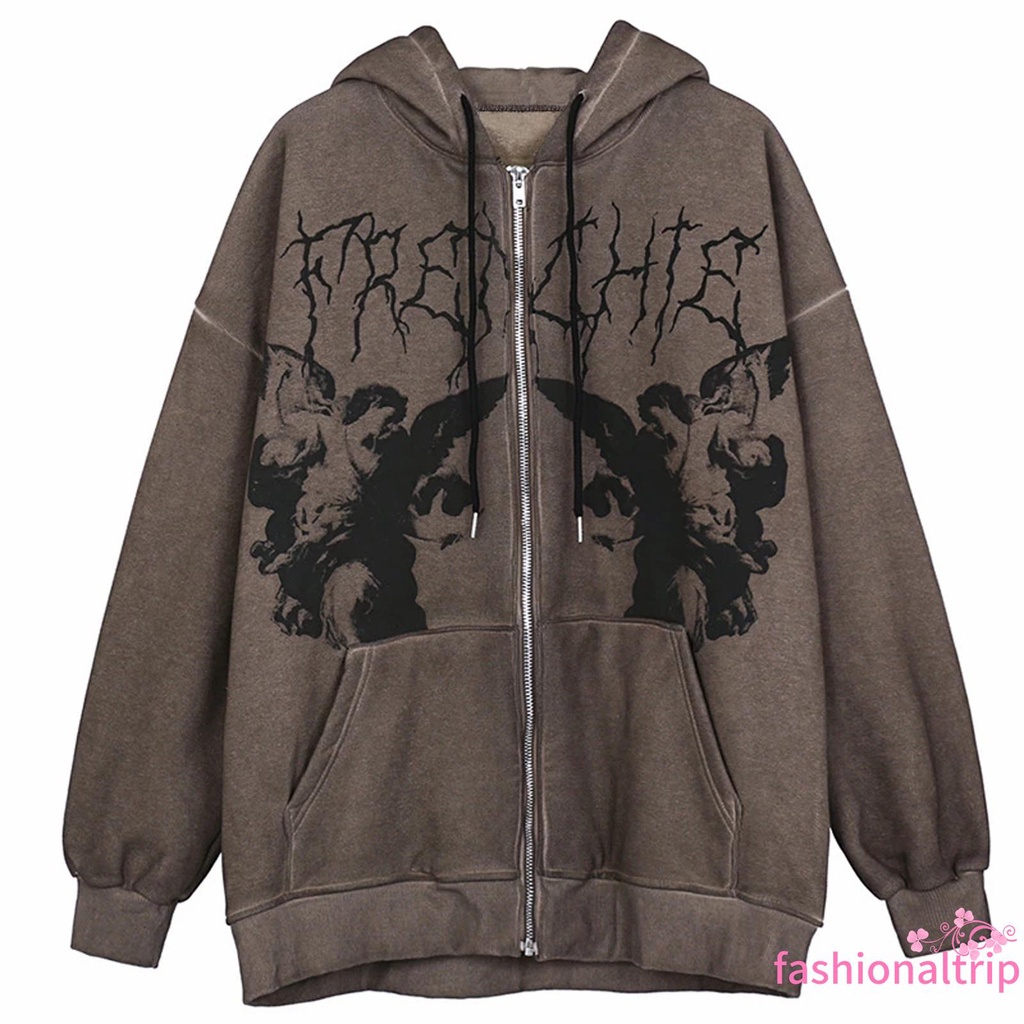 Áo hoodie tay dài dáng rộng plus size in họa tiết có túi và khóa kéo thời trang dành cho nữ