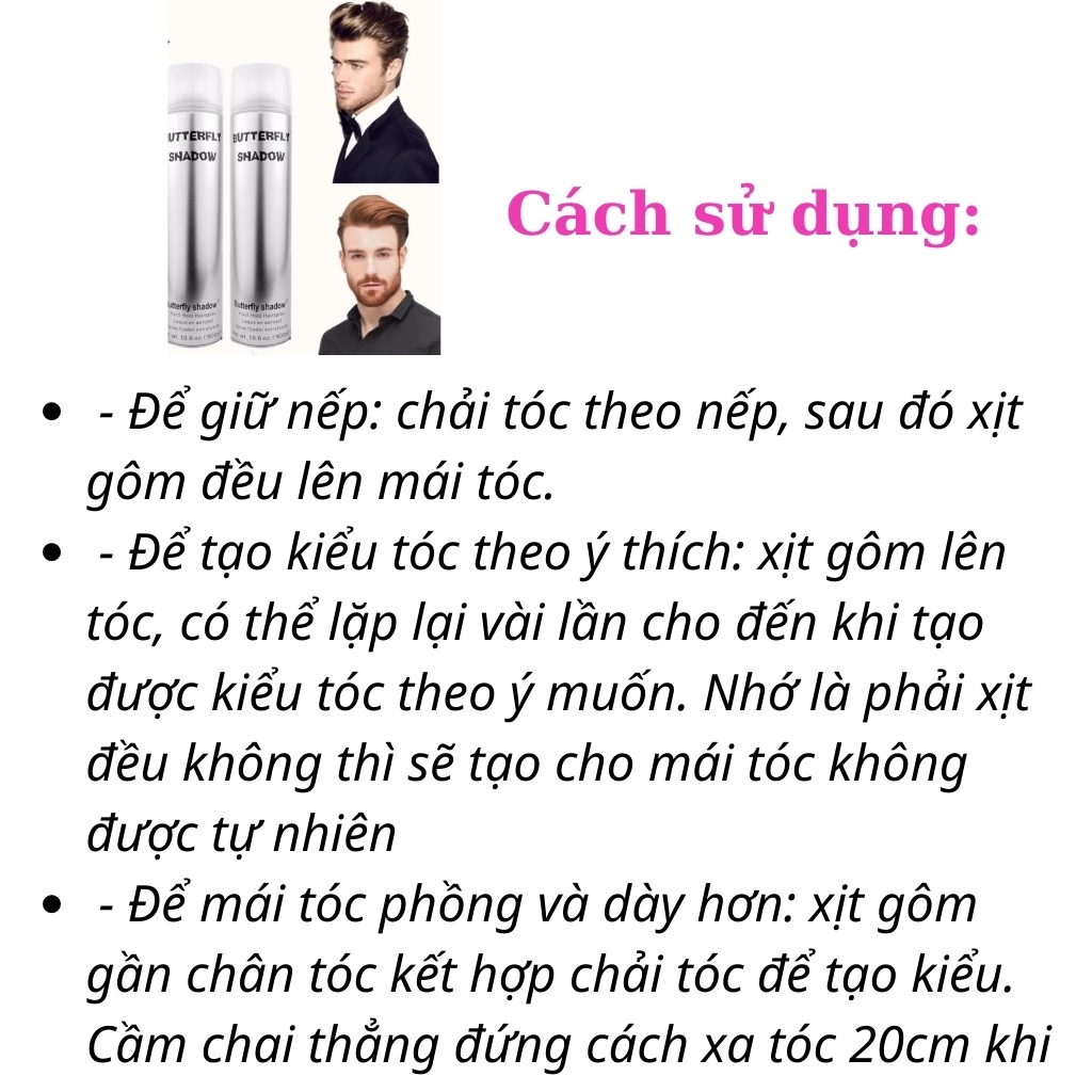 Gôm Xịt Tóc Nam Nữ Butterfly Shadow Keo Xịt Giữ Nếp Tóc Cố Định Tóc 320ml Chính Hãng Nội Địa Trung AME shop