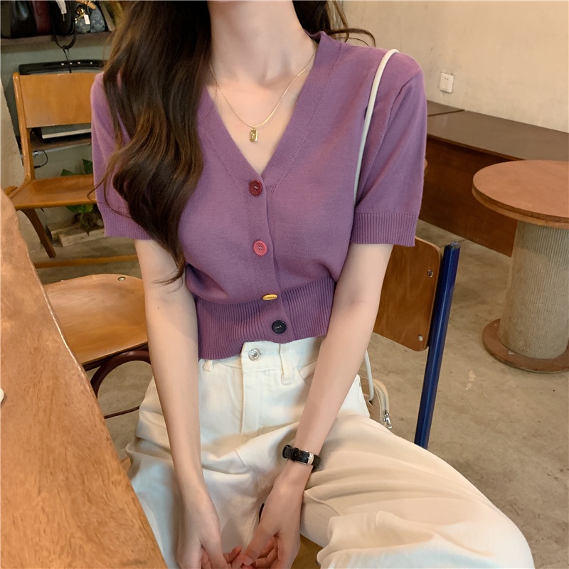 Áo Thun Ngắn Tay Cổ Chữ V Lưng Cao Phối Nút Nhiều Màu Thời Trang Cho Nữ