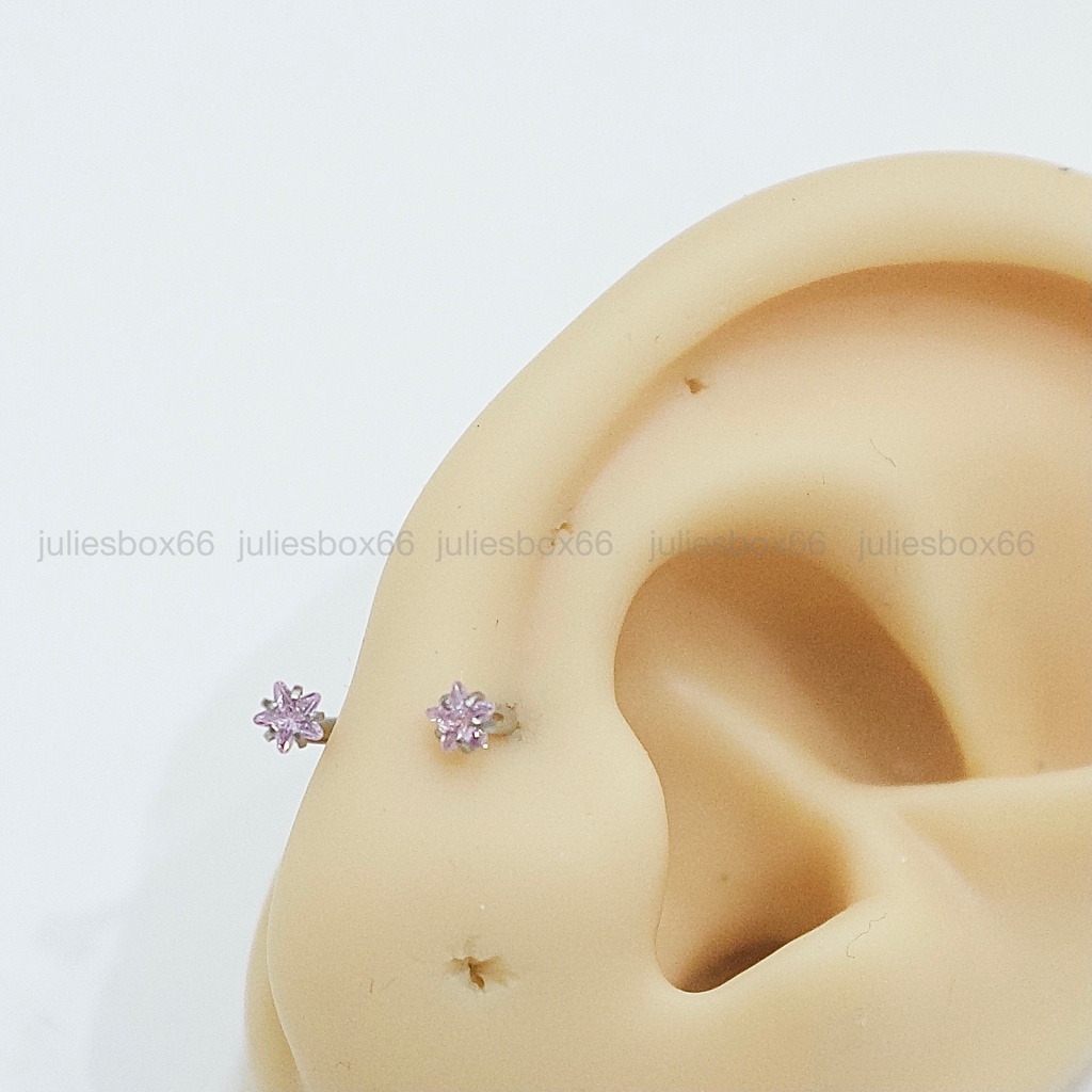 [1 Chiếc] Khuyên Tai Bông Tai Chữ U 2 Đầu Đá Ngôi Sao Màu Hồng Thép Y Tế Titan Thép Không Gỉ Cá Tính Phong Cách Nam Nữ