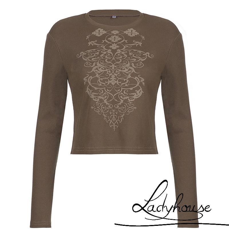 Áo Thun Tay Dài Cổ Tròn In Họa Tiết Vintage Dành Cho Nữ