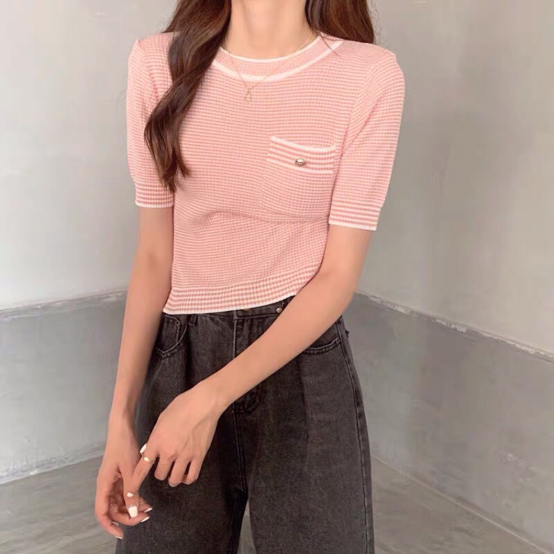 áo len dệt kim túi ngực - len kẻ nhỏ