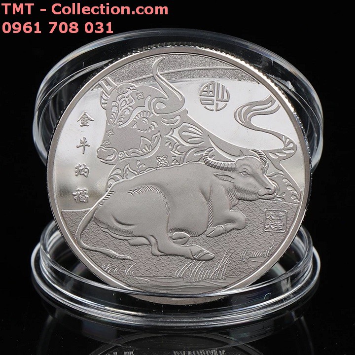 Xu con Trâu Mạ Bạc; Niken mạ bạc; Đường kính của xu là 4cm-TMT Collection-SP00237