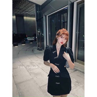 Đầm cổ vest khoét eo khoen nơ (kèm ảnh thật)