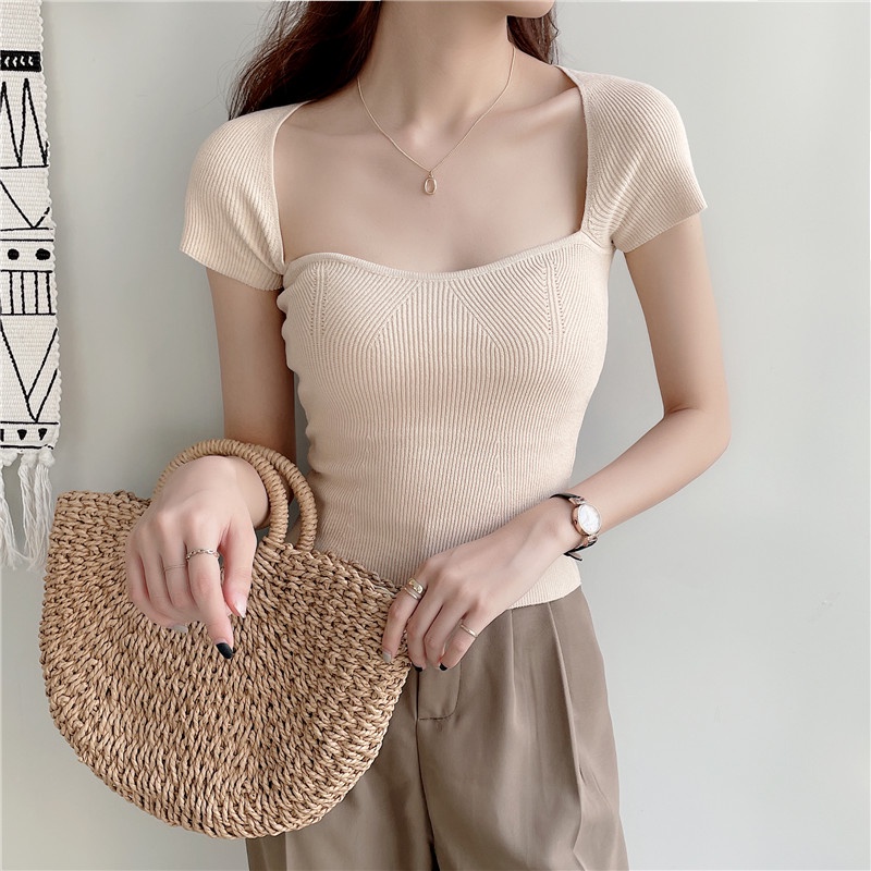 Áo thun nữ Len Sexy Cổ vuông Ngắn tay Retro Ulzzang Hàn Quốc Áo kiểu nữ Phong cách Cổ điển Vintage