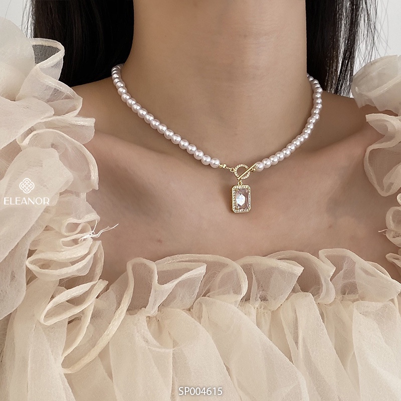Dây chuyền nữ ngọc trai nhân tạo Eleanor Accessories mặt vuông đính đá phụ kiện trang sức 4615