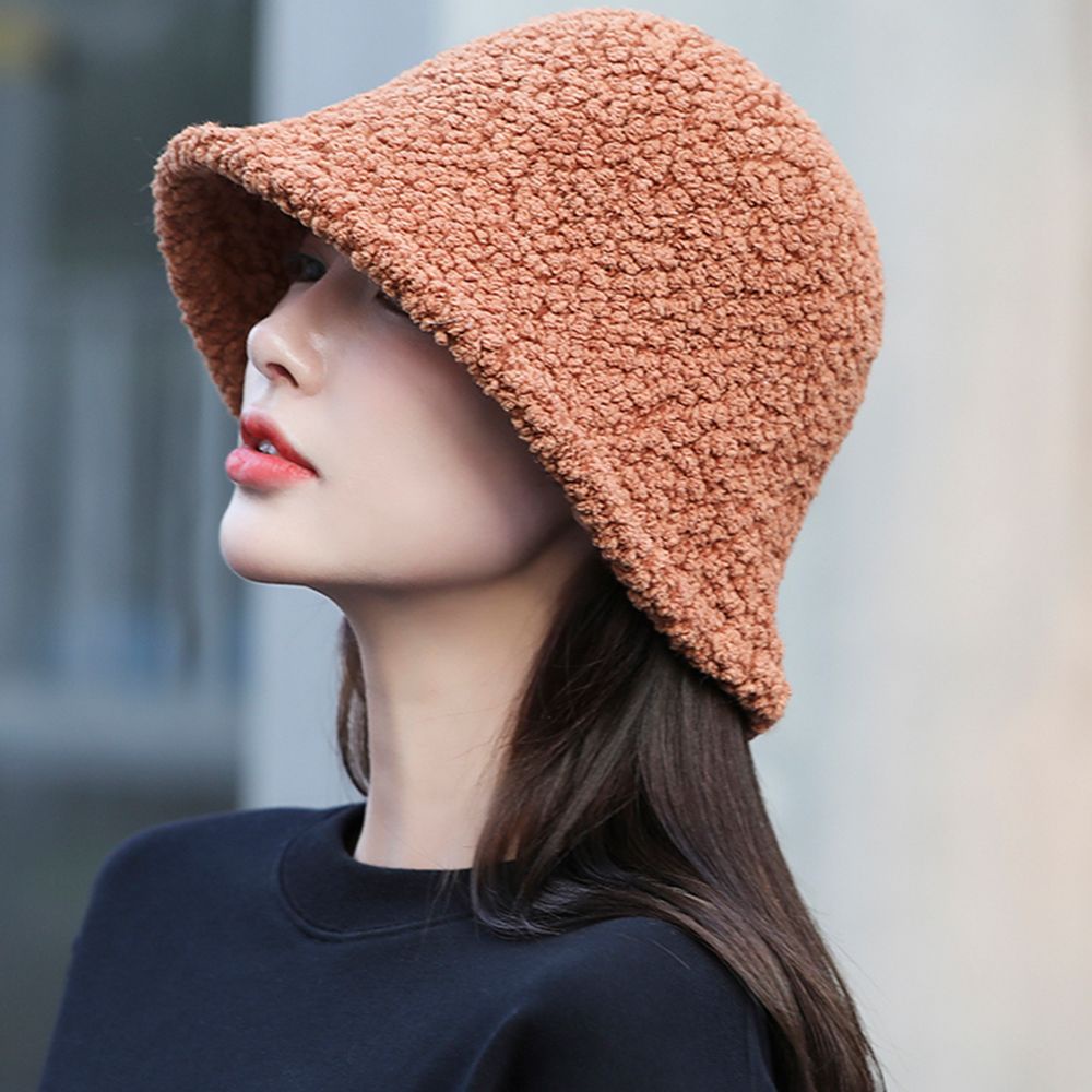Mũ bucket vải len lông cừu màu trơn đơn giản thời trang Hàn Quốc cho nữ