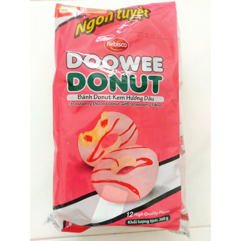 Bịch 12 bánh Donut Doowe 360gr vị dâu, socola, sữa, phô mai, hỗn hợp, socola cam