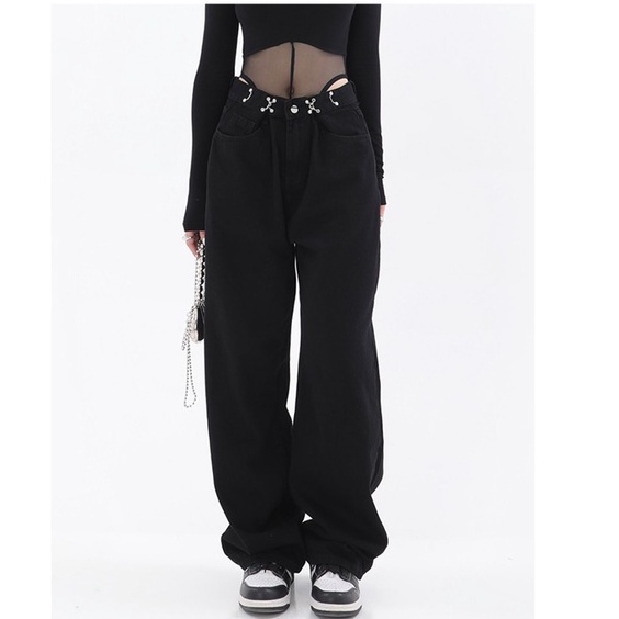 Quần jeans dài cạp cao dáng thụng, quần dài jeans unisex_j24
