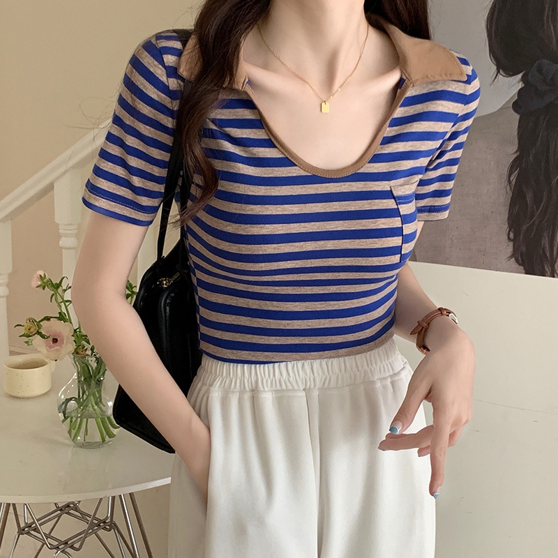 SUXI Áo Thun Cotton Ngắn Tay Cổ Chữ U Họa Tiết Kẻ Sọc Phong Cách Vintage Thời Trang Mùa Hè