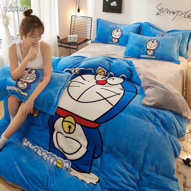 Bộ Chăn Ga Gối Nỉ Nhung 3D Cao Cấp - Doremon Nghiêm Túc