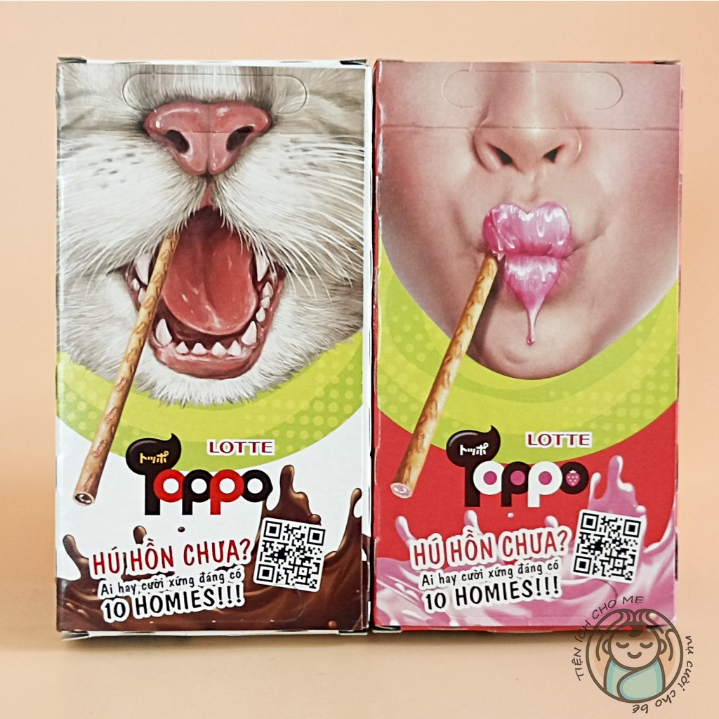 Bánh que socola Toppo Lotte vỏ giòn tan, kẹo thanh chocolate kem vani hộp 40 vị socola, dâu