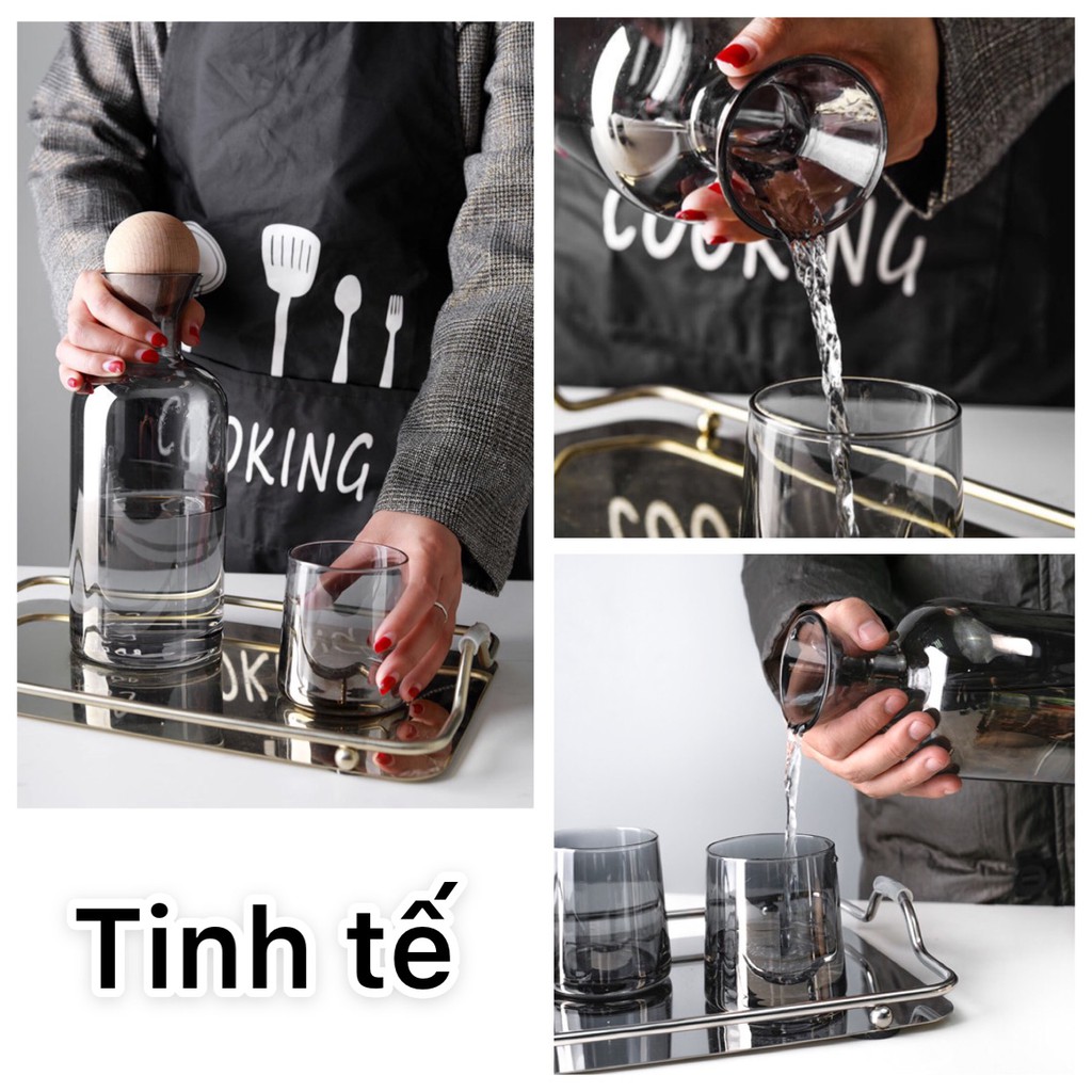 Bộ bình nước thủy tinh borosilicate kèm khay inox đựng cốc ly phong cách Bắc Âu hiện đại