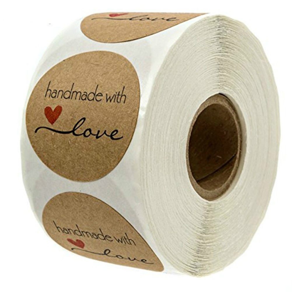 [Kitch]500Pcs Handmade with Love Stickers Round Self Adhesive Kraft Paper Labels Gift Tag
