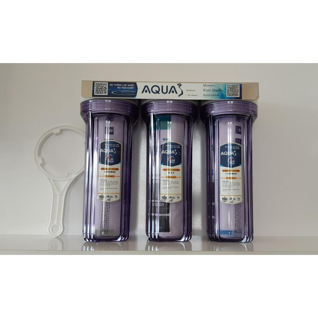 Bộ lọc sinh hoạt 10 inch 3 cốc trong aqua đầy đủ lõi và tay mở