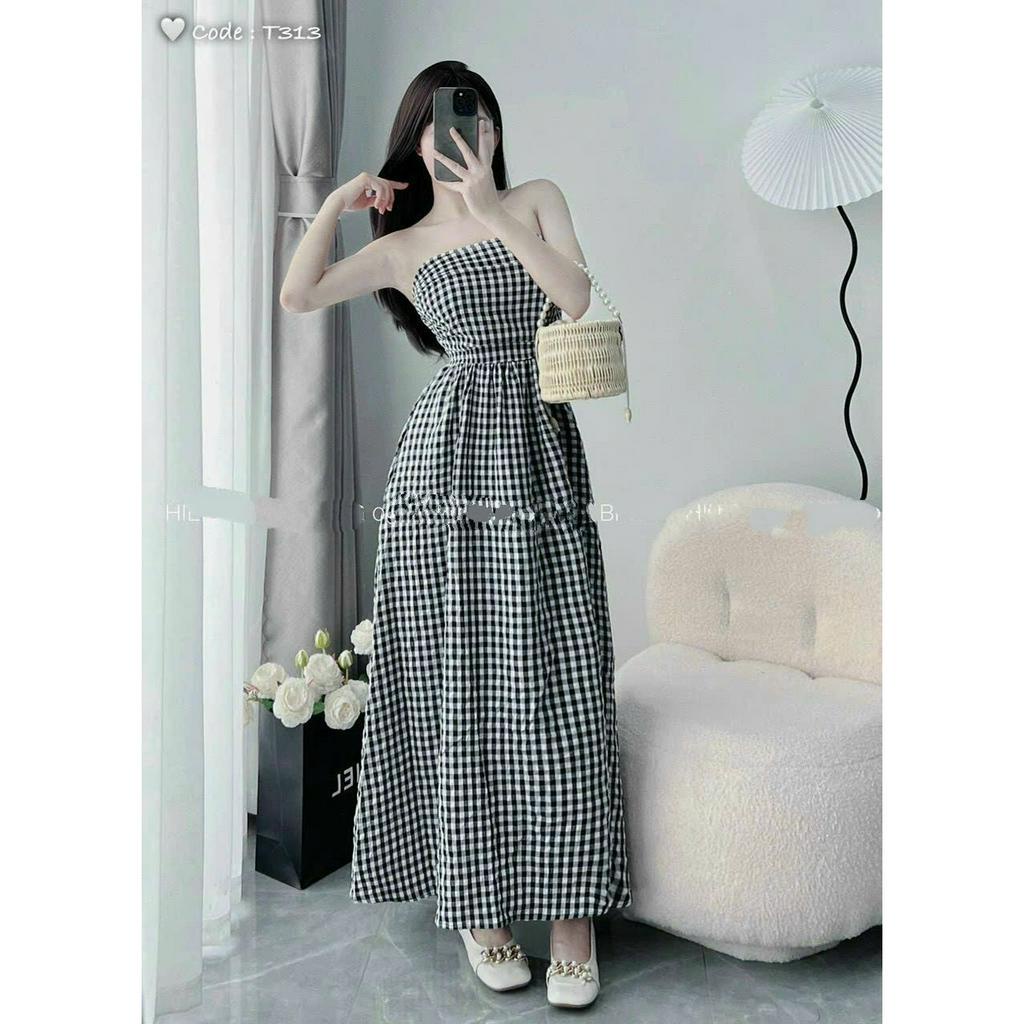 ĐẦM CÚP NGỰC,VÁY ỐNG CARO XÒE DÁNG DÀI CHẠY MOCKING THÂN SAU