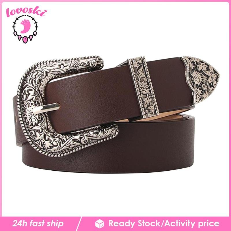 Thắt Lưng Giả Da Khóa Chạm Khắc Màu Đen Thời Trang Cho Nữ