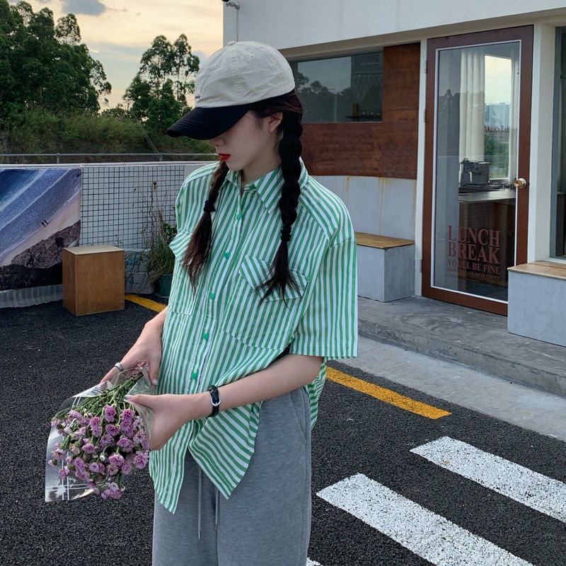Áo sơ mi IELGY tay ngắn họa tiết kẻ sọc phong cách retro thời trang cho nữ