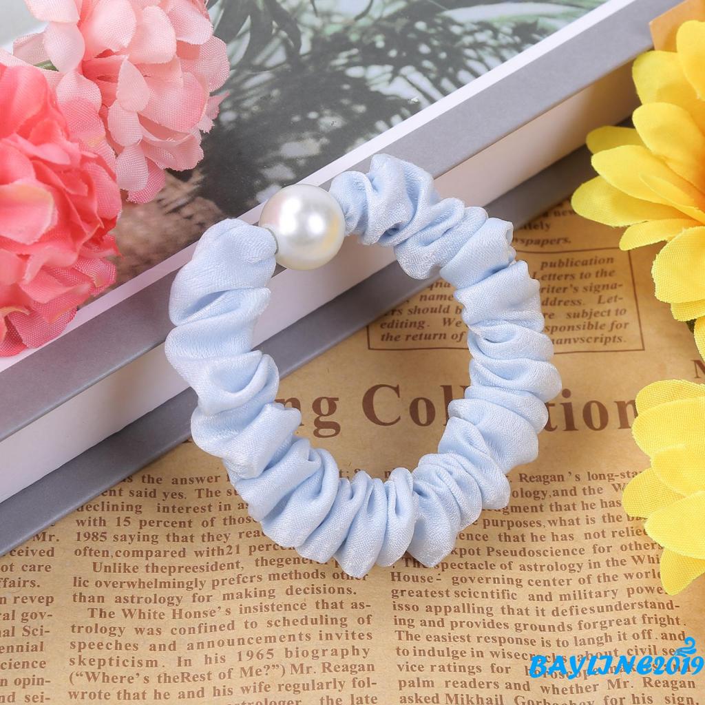 BAY- Dây buộc tóc đính ngọc trai màu trơn cho nữ màu be/ nâu/ xanh lá/ vàng