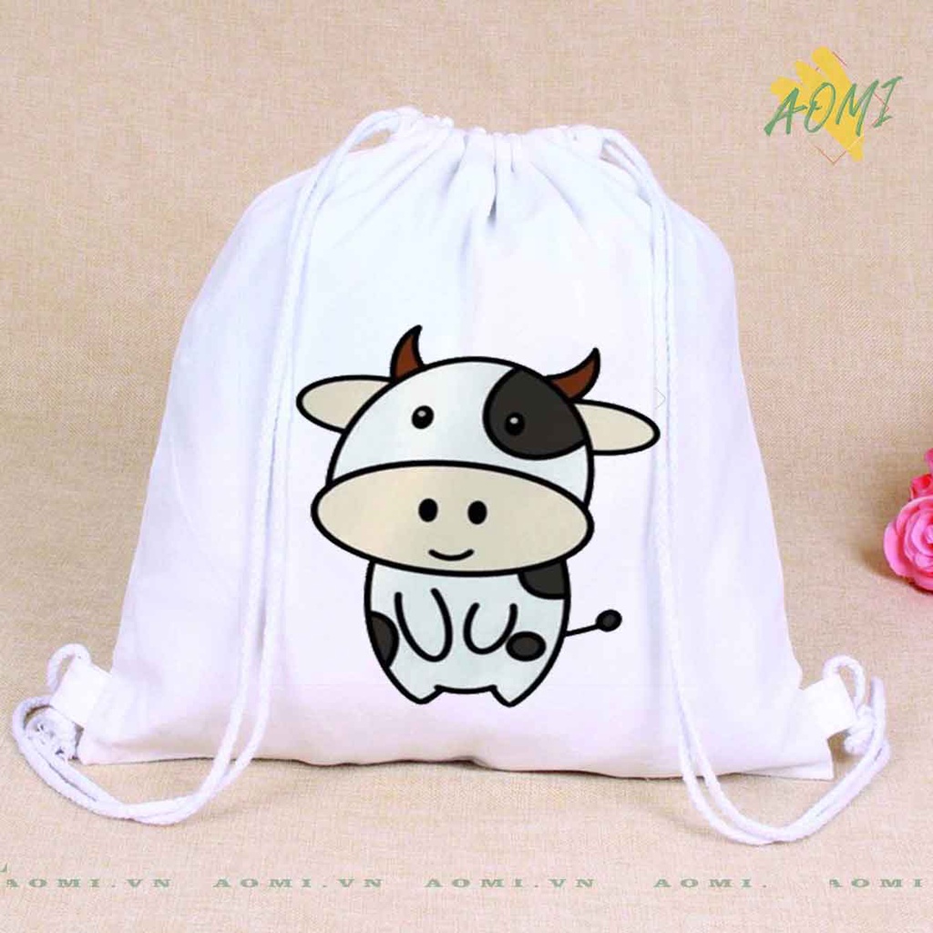 BALO MINI bò sữa milk AOMIVN DÂY RÚT ĐEO VAI 33x38cm NHỎ XINH UNISEX CHẤT CANVAS CUTE TIỆN ÍCH DU LỊCH DẠO PHỐ