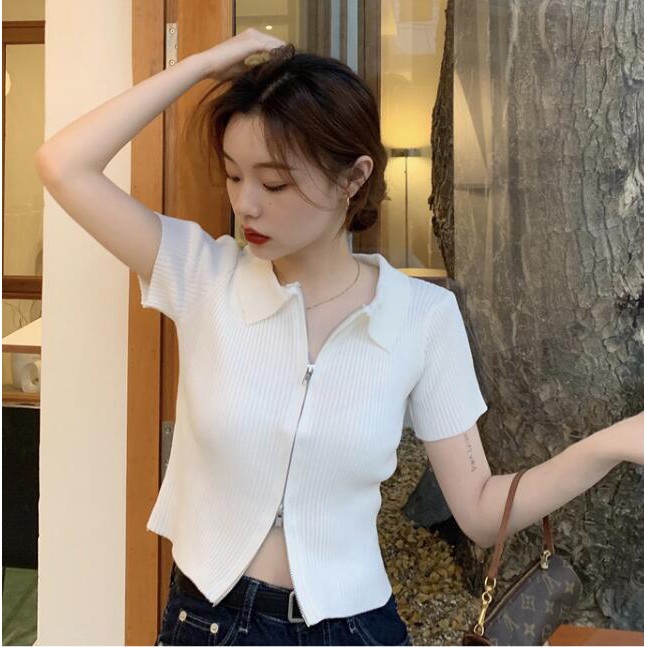 [Mã FAMAYWA giảm 10K đơn 50K] Áo Thun Nữ Dệt Kim Phối Khoá Kéo Thời Trang | BigBuy360 - bigbuy360.vn