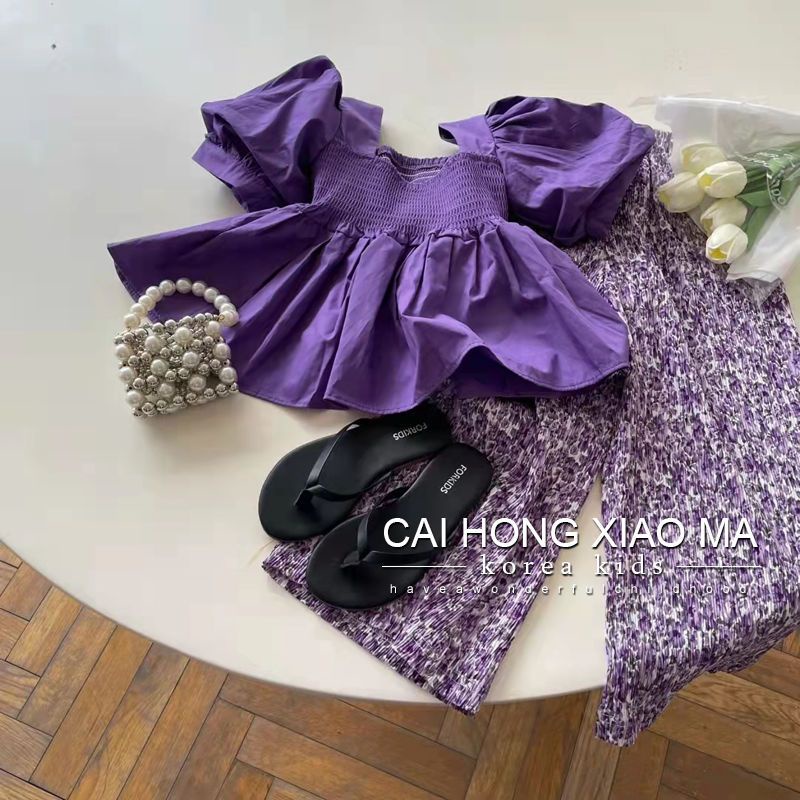 Set Áo Thun Tay Ngắn + Quần Dài In Hoa Cho Bé Gái